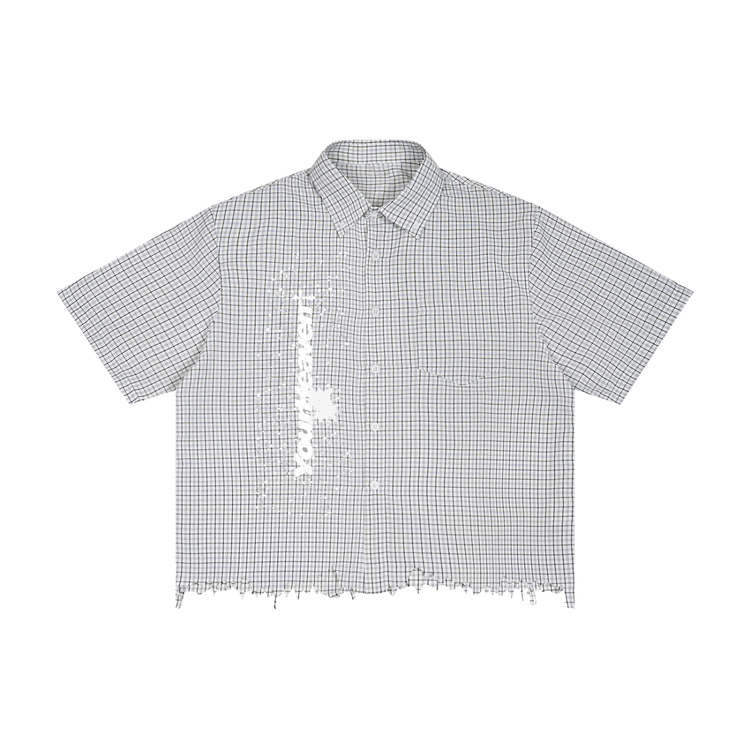 YH Branded Unisex Distressed Plaid Boxy Shirt