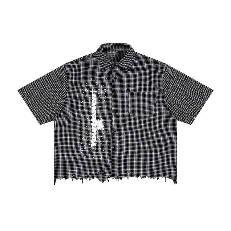 YH Branded Unisex Distressed Plaid Boxy Shirt