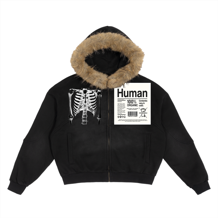 YH Branded Sun Fade Boxy Detachable Fur Hoodie